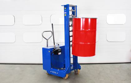 Drum raised to full height with a drum lifter, ready to load onto a containment/spill bund.
