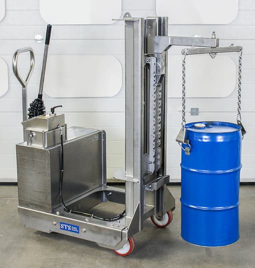Steel 60 litre drum being lifted via two metal handles.
