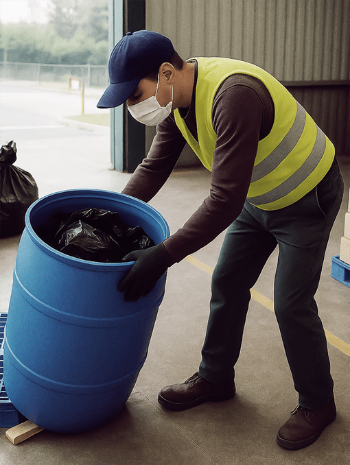 An operator manually removes a 500kg plastic drum off a pallet.