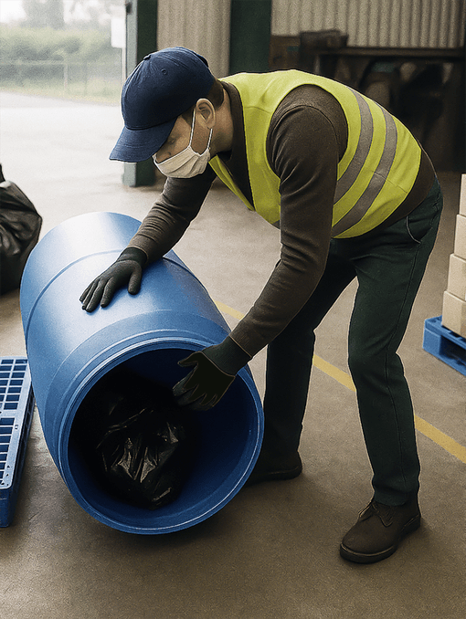 An operator tips a 500kg plastic drum onto the floor to remove the contents - this is unsafe.