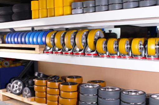 Shelves of wheels used by manual handling equipment manufacturer STS.