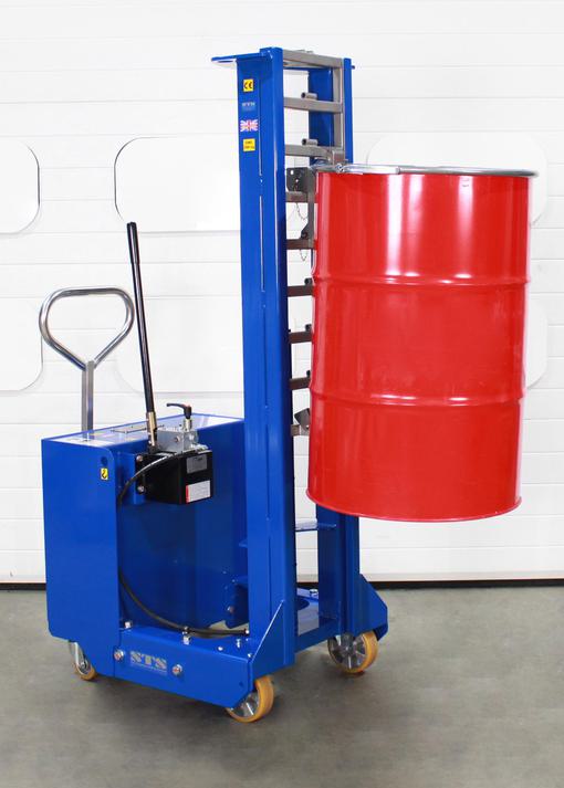 Manual hydraulic drum lifter lifting a 205 litre red steel drum to height.
