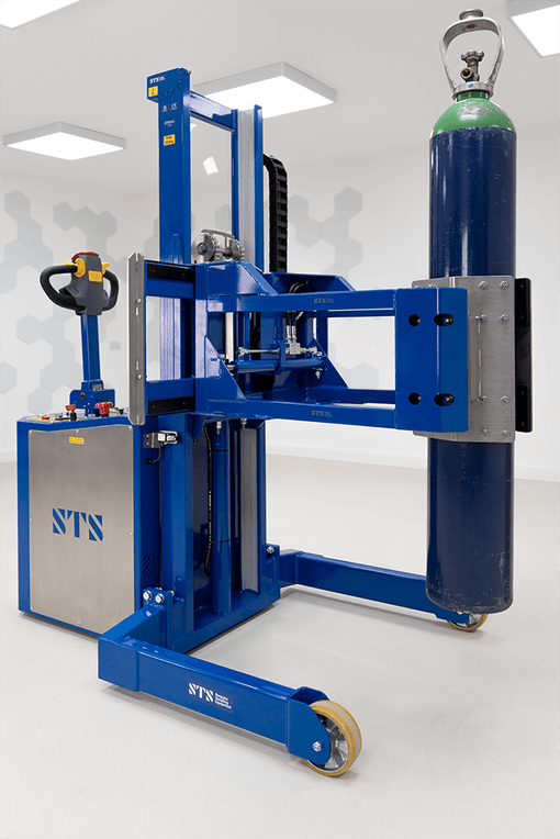 A small high pressure gas cylinder is lifted using the STS bespoke cylinder handling unit.