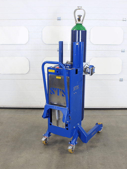 Rear view of an STS electric cylinder lifter, handling high pressure gas bottles.