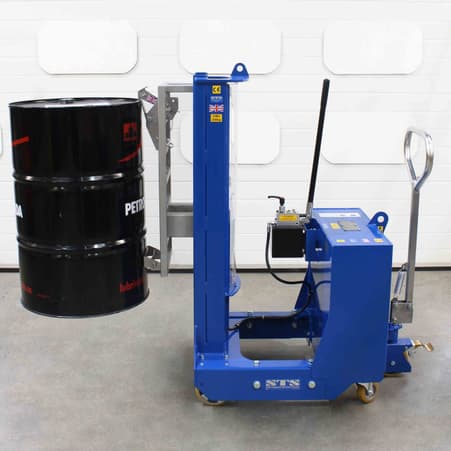 Barrel Lifter holding a steel 205 litre barrel.