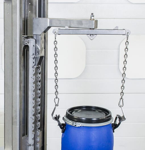 Plastic drum being lifted by its handles