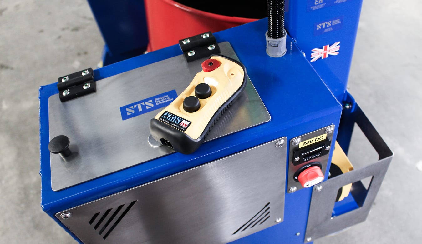 Remote control unit sitting on a custom DRE05 bespoke overhead drum tipper.