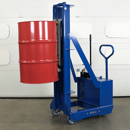 Red 205 Litre (55 US Gal) steel drum being lifted by an STS manual hydraulic drum lifter.