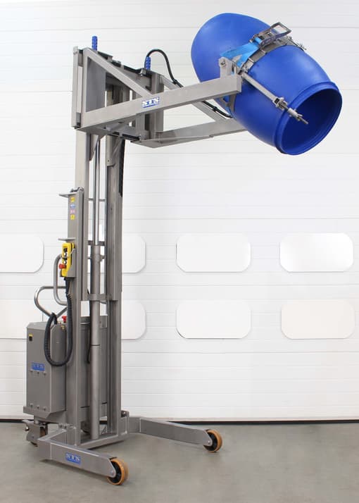 Image of a stainless steel drum dumper with extra reach to tip into large vessels.