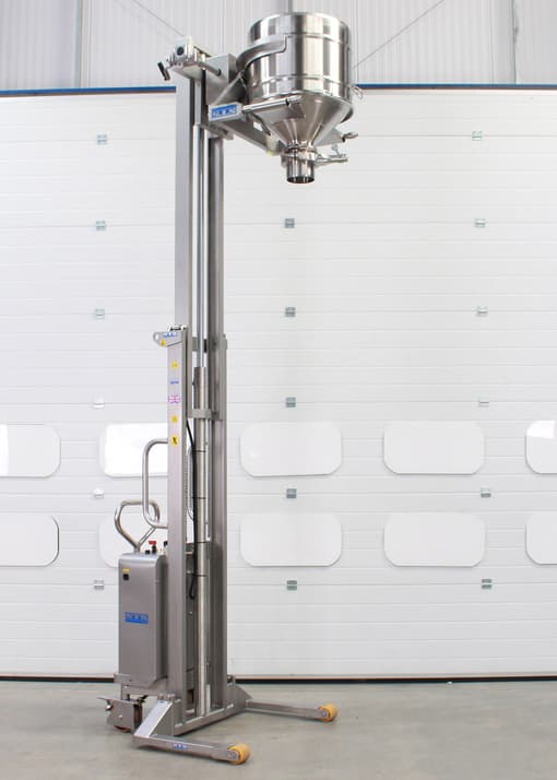 stainless telescopic drum tipper at full height holding a drum inverter