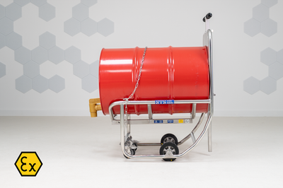 ATEX Drum Dispensing Cradle on wheels showing 205L drum with tap fitted, ready for decanting flammable product.