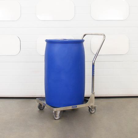 Stainless steel dolly with handle moving a 200 litre plastic HDPE drum.