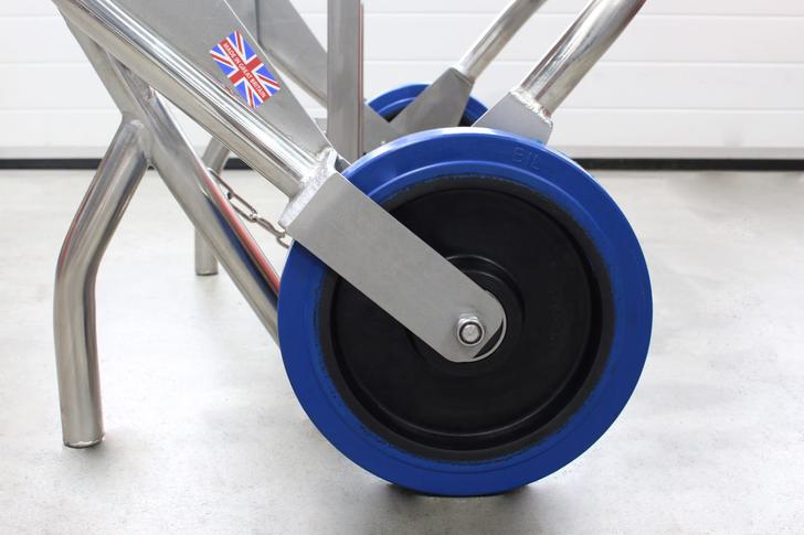 A closeup of the high quality wheels fitted to the STS drum trolley