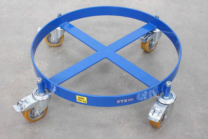 Close up of a oil drum dolly manufactured in steel and powder coated in blue powder coating
