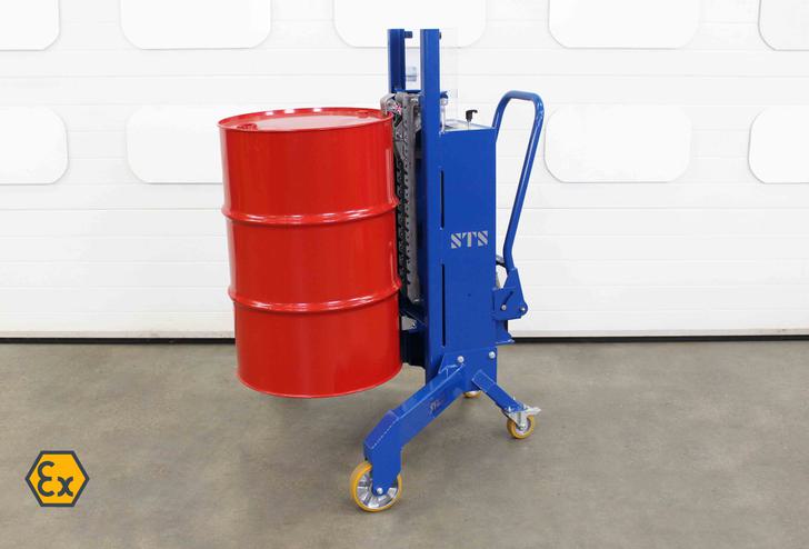 ATEX and UKEX Corner Depalletser with MAUSER drum lifted to full height, ATEX chains visible
