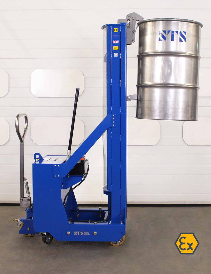 ATEX and UKEX drum stacker suitable for use in zoned areas lifts a drum to full height.