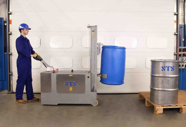 Stainless steel drum lifter moves a full 200L plastic barrel at height.