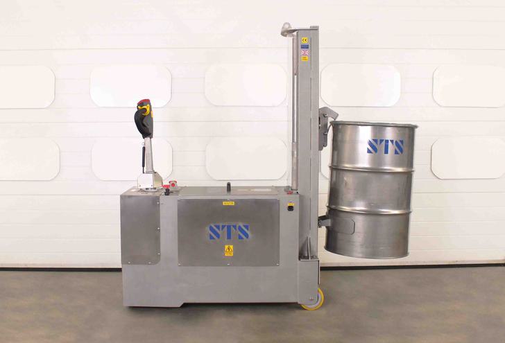 Stainless steel drum handler holding a stainless steel open top drum.