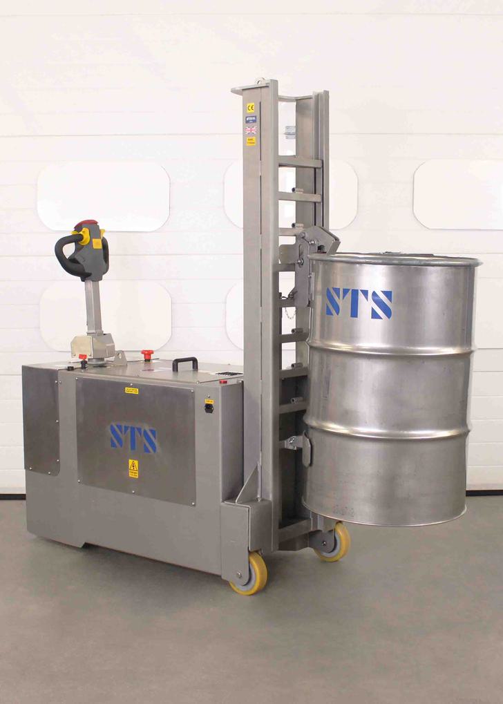Stainless steel drum lifter holds an open-top drum at height.
