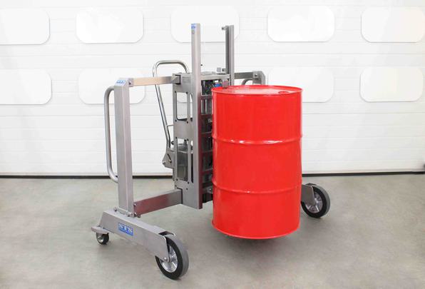 Stainless-Steel Drum Lifter handling a red 200 litre steel drum.