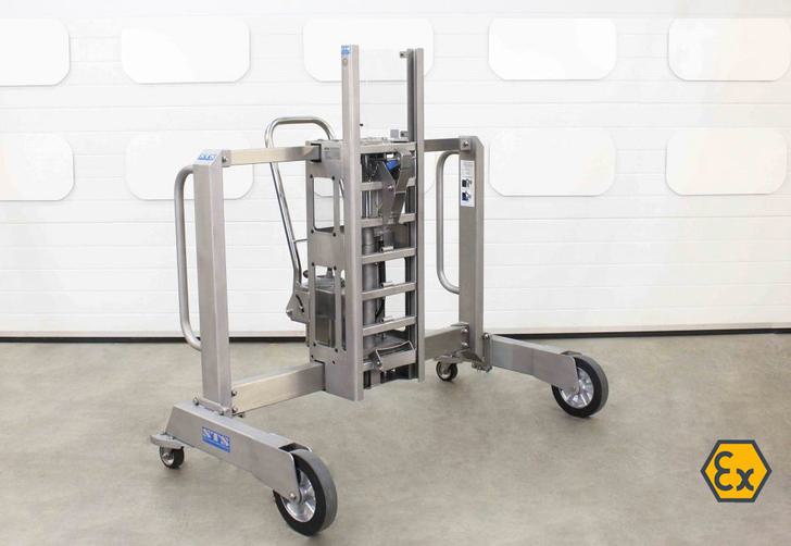 The stainless steel drum lifter can be manufactured to be suitable for zoned and ATEX and UKEX areas.