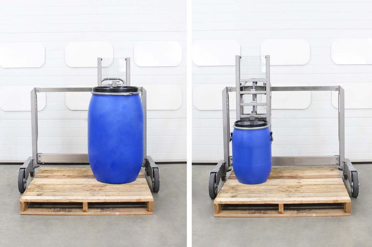 The stainless steel drum lifter has a side-shift mechanism which allows you to lift drums off all four corners of the pallet.