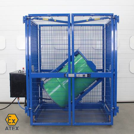 Green 200 litre steel drum mixing paint end-over-end in our ATEX drum tumbler.