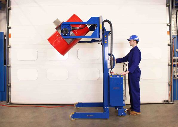 Power Clamp Drum Rotator tipping a 200 litre drum