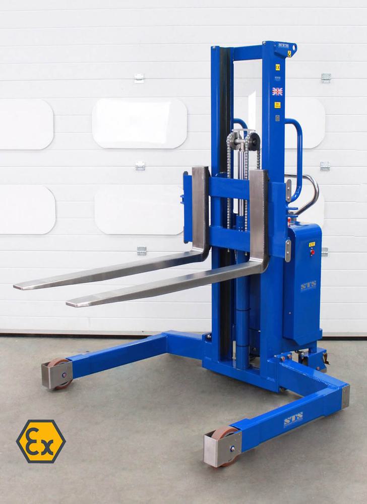 Front view of an ATEX and UKEX IBC lifter with stainless steel forks raised.