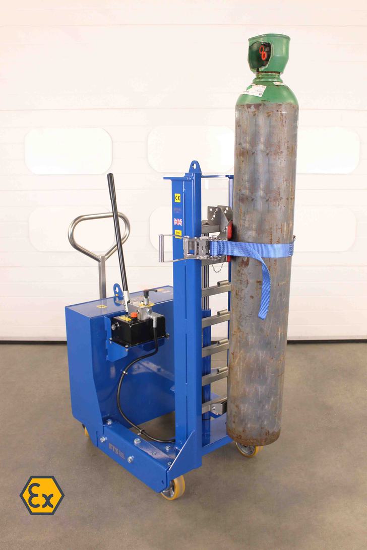 Counterbalance cylinder lifter holds a gas bottle at height in an ATEX zoned environment.