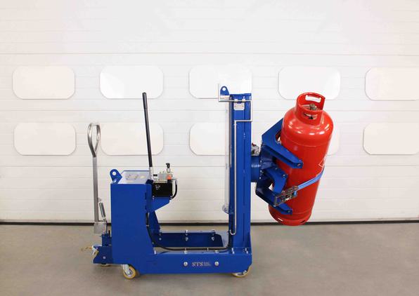 A gas cylinder is rotated using the counterbalance cylinder lifter rotator