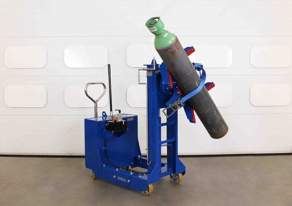 Gas cylinder bottles are moved using the cylinder lifter and rotator