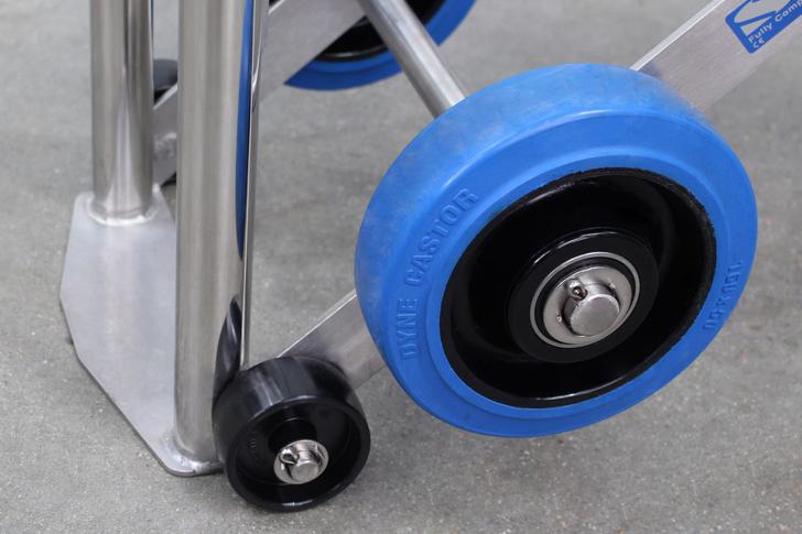 The detail of the wheels on the Gas Cylinder Trolley, which offer exceptional manoeuvrability