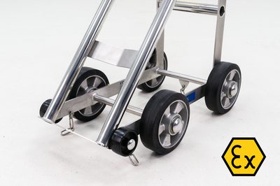 View of the wheels and earthing chains on an ATEX version of our Gas Cylinder Trolley (CTS01-Ex).