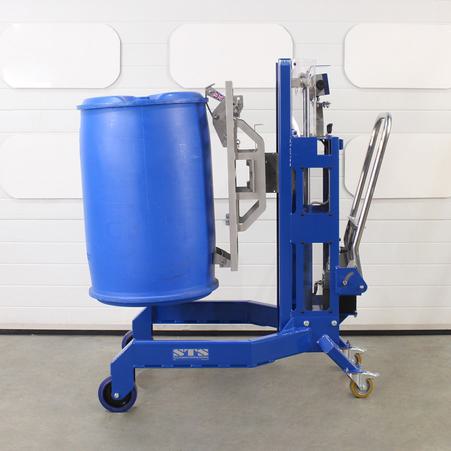 Blue plastic drum raised to full height using a Euro pallet drum lifter