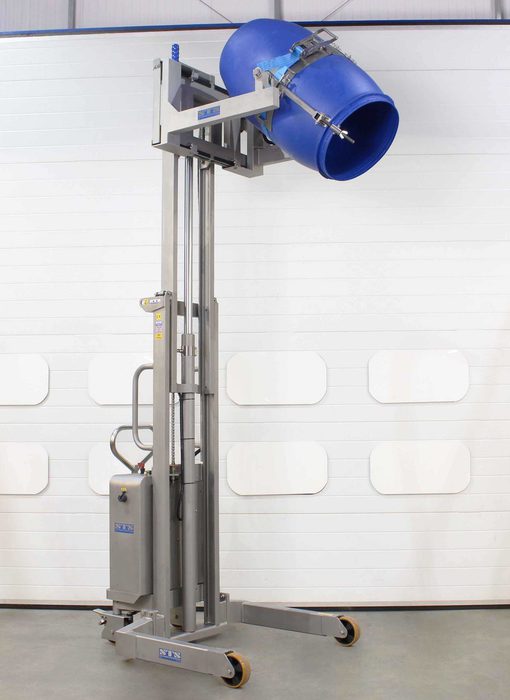 A telescopic stainless steel drum tipper rotating a drum at height.