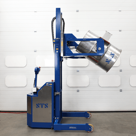 Side view of an STS drum tilter tipping a 205 litre steel drum.