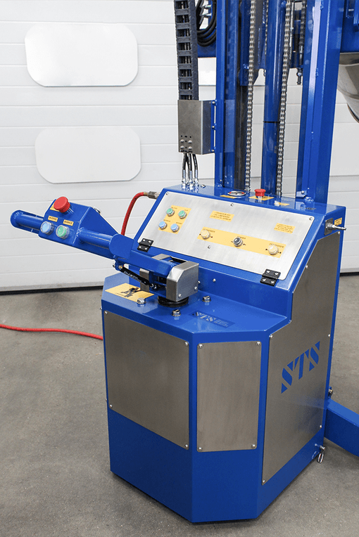 Fully-powered drum tilter with powered clamp and rotation
