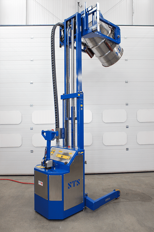 ATEX fully-powered drum tilter rotating a 205 litre steel drum.