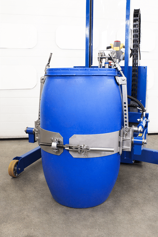 The robust band assembly on a heavy-duty barrel tipping machine.